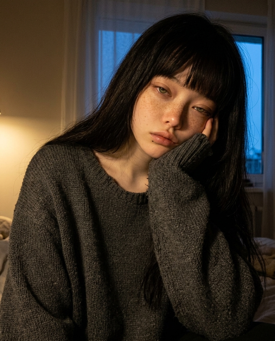 창밖 박명을 배경으로 어둑한 방에서 책상 전등 불빛을 한쪽 얼굴에 받으며 정면을 보는 창백한 주근깨 얼굴의 인물, 차콜 그레이 오버사이즈 니트 차림 저녁 셀카