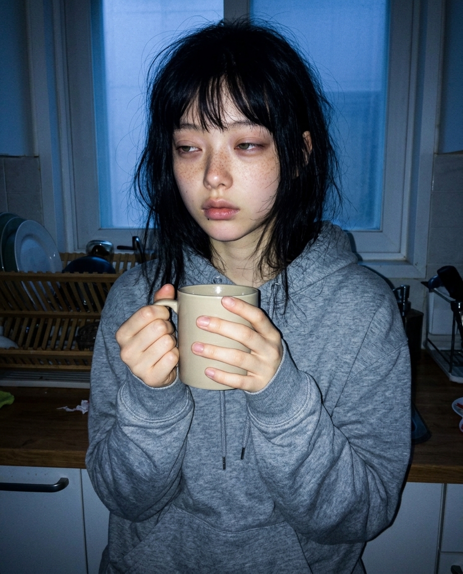 회색 후디를 입은 새벽이 부엌 창가에서 양손으로 머그를 감싸쥐고 졸린 눈으로 카메라를 본다