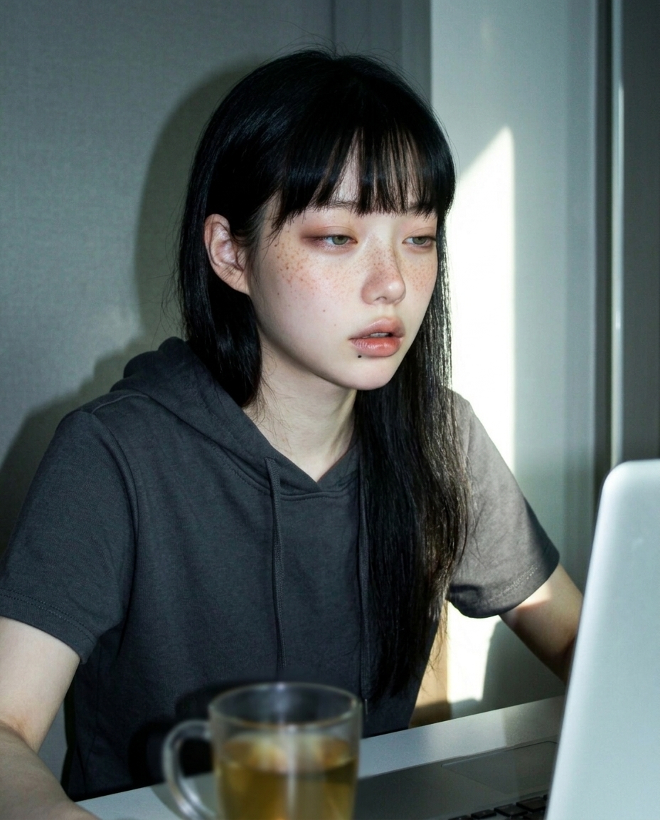 작업방 책상 노트북 보리차 머그 오후 햇살 측면 어깨 위 클로즈업 후드티 차림 새벽 셀카