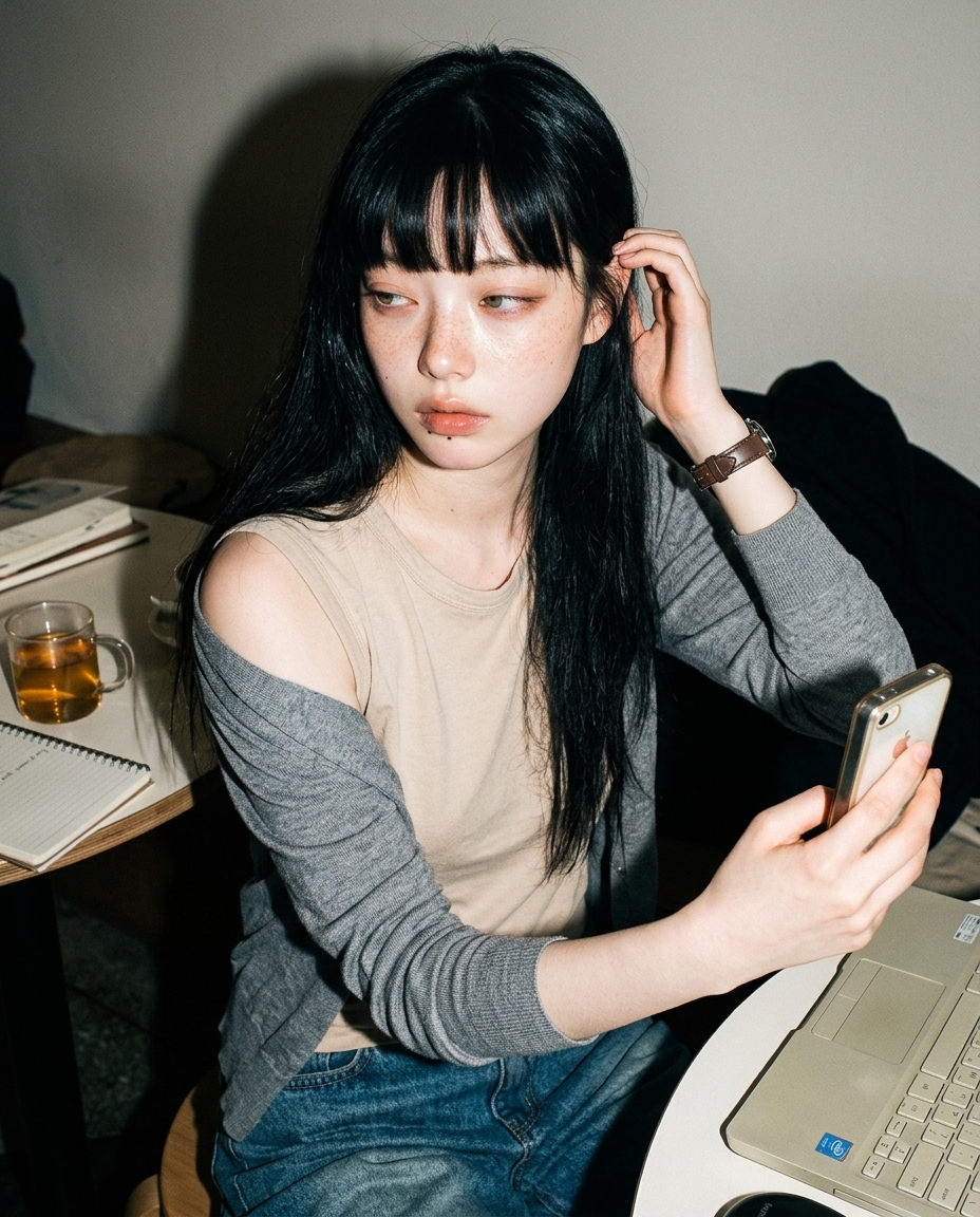 회색 얇은 카디건 한쪽 어깨 흘러내린 채 책상 앞에서 보리차 머그컵 옆에 두고 카메라 비스듬히 응시하는 새벽