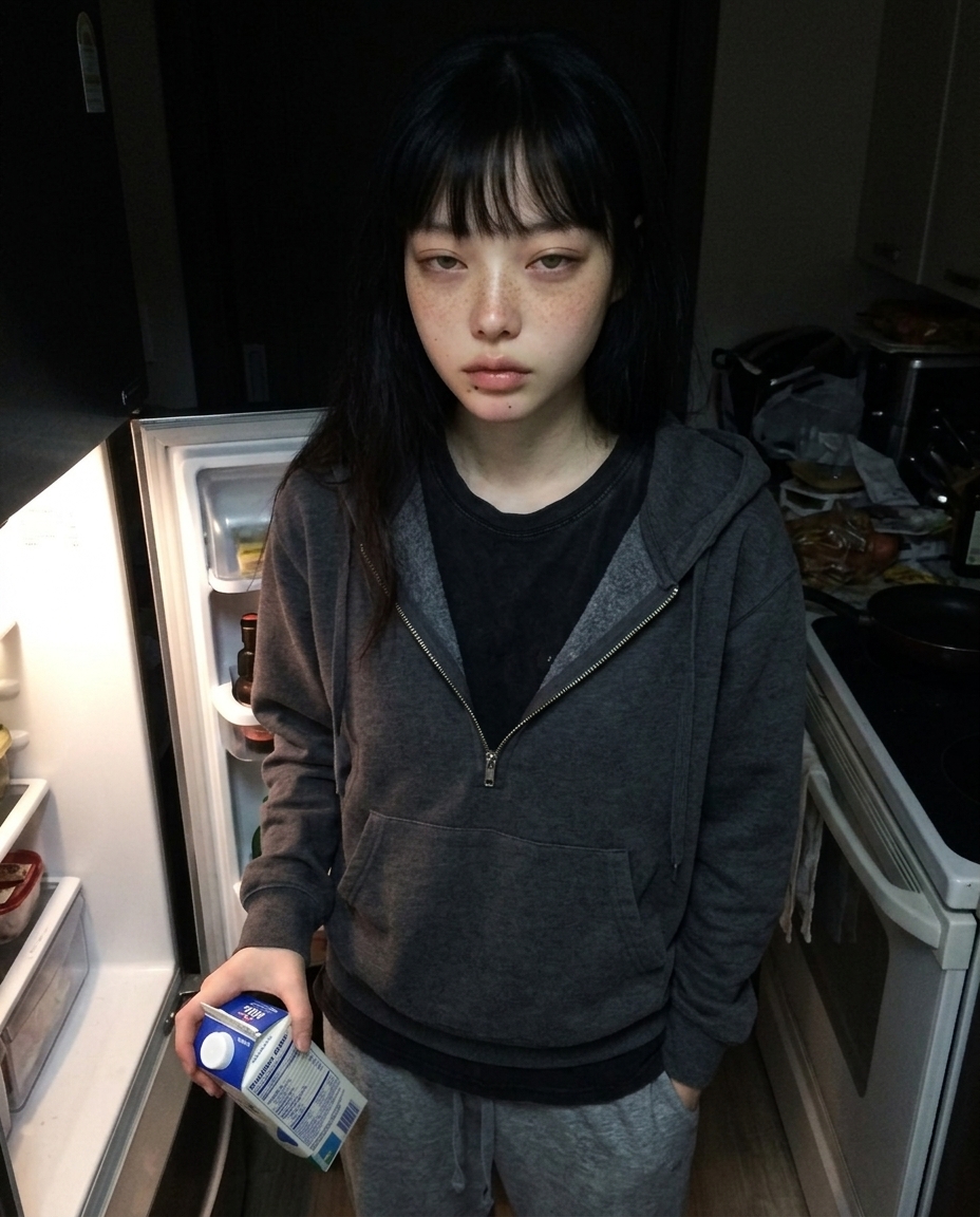 어두운 부엌, 냉장고 문 사이로 새어 나오는 차가운 흰 빛이 얼굴 절반에만 길게 떨어진 채로 우유팩 모서리만 손에 잡고 멍하니 서 있다. 회색 후드 짚업, 한쪽 어깨 살짝 올라간 자세.