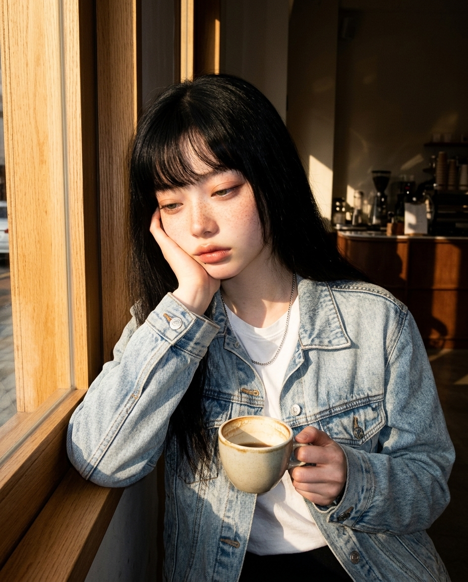 창가 카페 테이블에 앉아 양손으로 머그를 감싼 채 늦은 오후 햇살을 받는 새벽, 데님 자켓에 졸린 눈