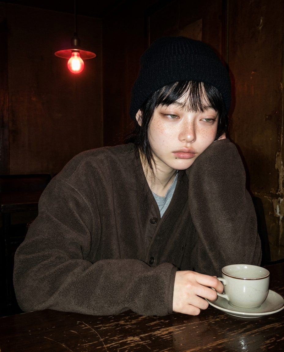 노포 다방 끝자리에 검정 비니 깊게 쓴 사람. 어두운 빨간 백열등 단일 광원. 융 테이블 위 쌍화차 잣 가라앉음.