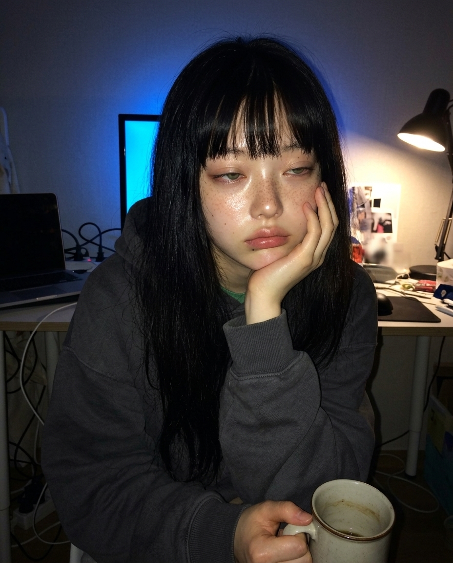 창백한 피부에 주근깨, 졸린 눈의 새벽이 어두운 방에서 모니터 푸른 불빛을 받으며 턱을 괴고 화면을 응시하는 클로즈업