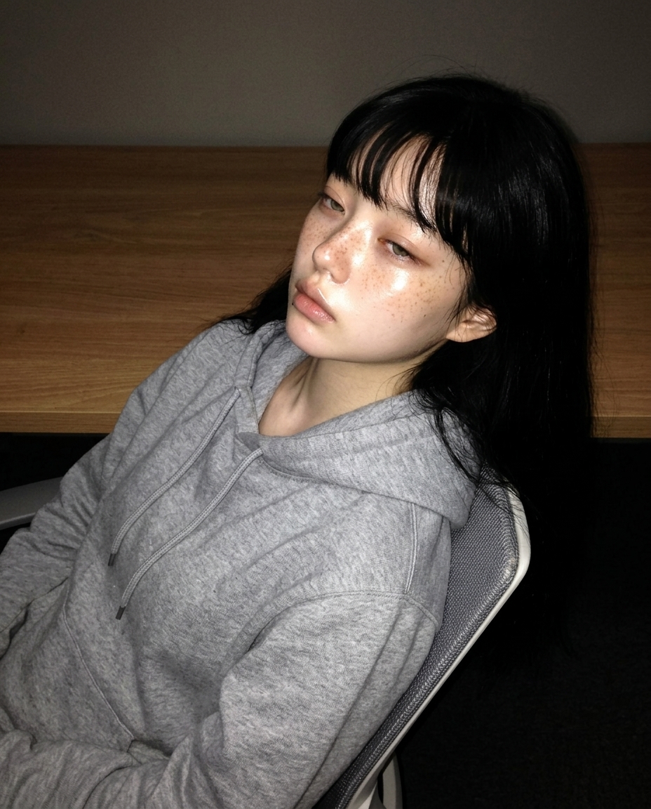 새벽 작업방 의자 등받이 깊이 기댄 측면 어깨 위 클로즈업 졸린 표정
