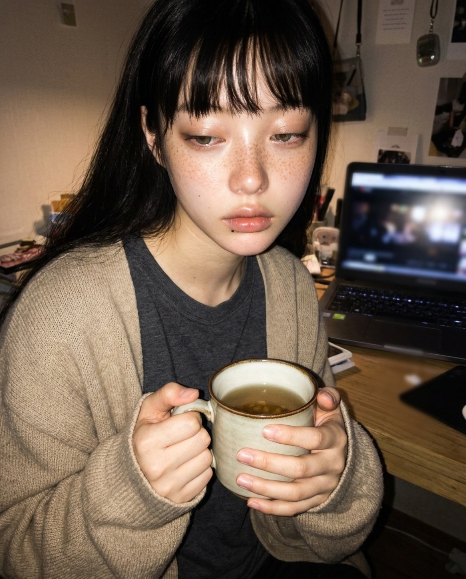 단발 정도 길이 머리에 흐린 피부, 오버사이즈 베이지 카디건을 입은 사람이 작업방 책상 앞에서 두 손으로 보리차 머그를 감싸 들고 정면을 살짝 풀린 눈으로 바라보는 미디엄 클로즈업 셀카