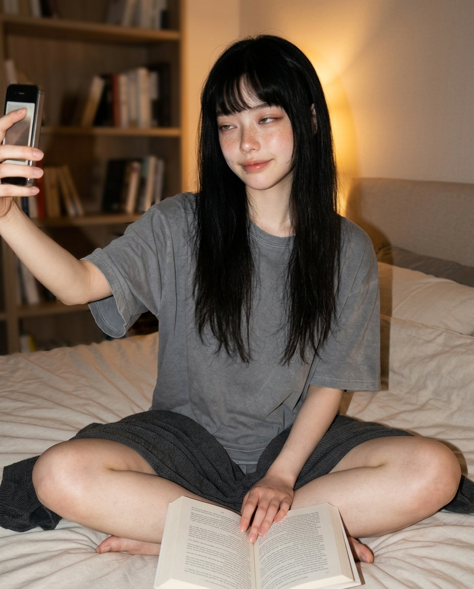 새벽 두 시 침대 위에서 무릎담요 걸친 채 페이퍼백 펼친 셀카, 침대 옆 책장 흐릿하게 뒤 배경