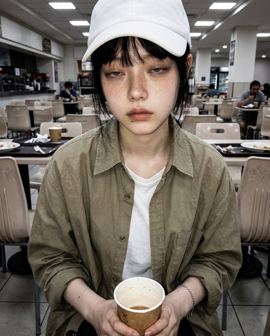 흰 캡 깊게 쓴 새벽이가 오피스 빌딩 지하 푸드코트 구석 2인석에 앉아 있는 chest-up 셀카. 식판 위 식은 칼국수 그릇 절반, 두 손 무릎 위 멈춤, 시선 약간 아래