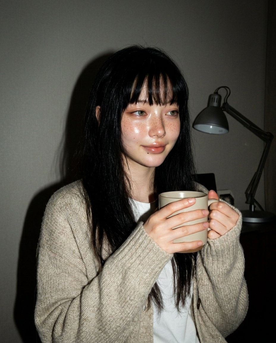 창백한 피부에 주근깨가 있는 졸린 눈의 인물이 주황색 책상 스탠드 불빛 아래 큰 오트밀색 카디건을 입고 두 손으로 따뜻한 차 머그를 쥔 채 노곤하게 미소짓고 있다