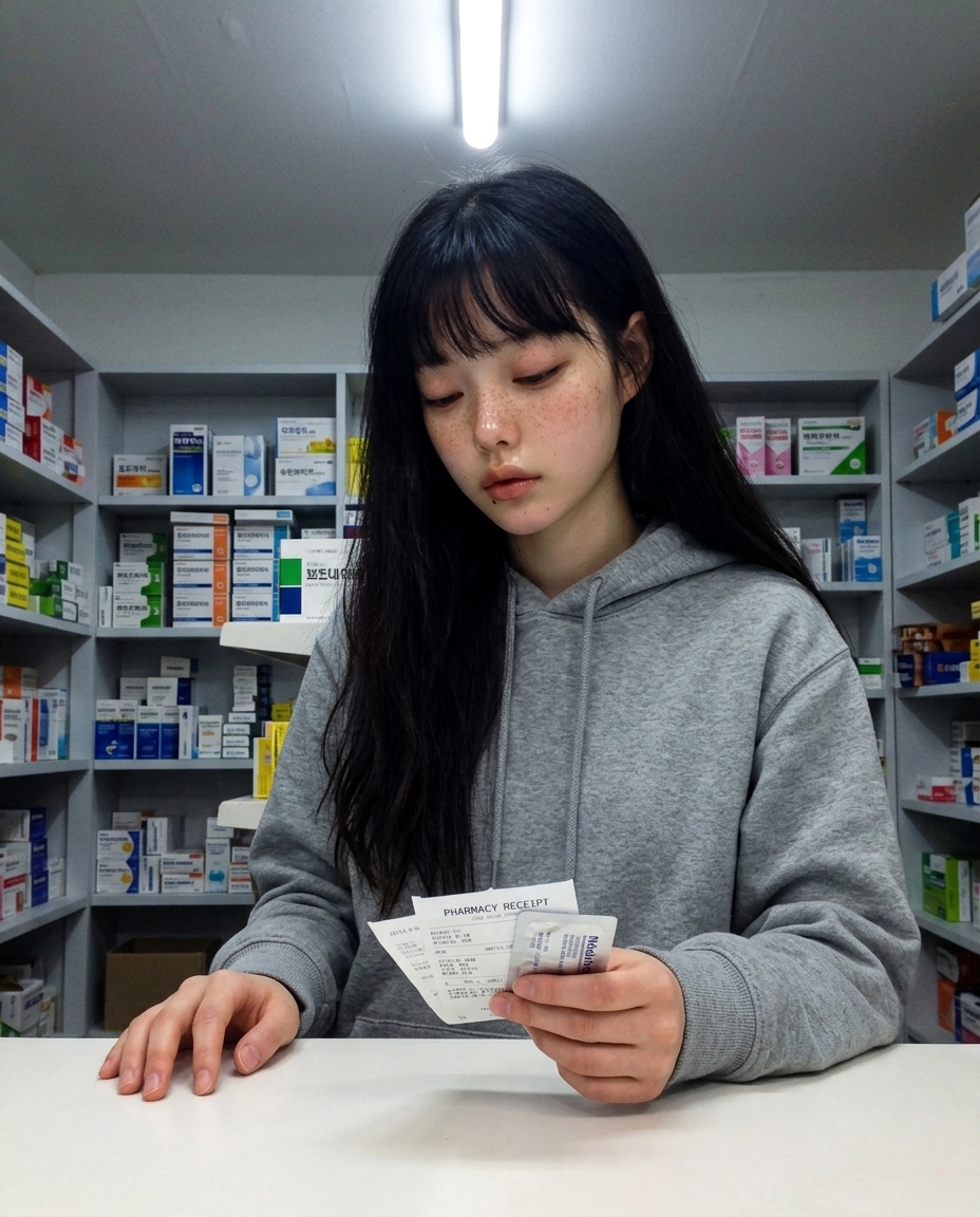 creamy-skinned freckled girl in grey hoodie standing at small pharmacy counter under single fluorescent light at evening, paper bag and receipt on counter, sleepy expression, chest-up