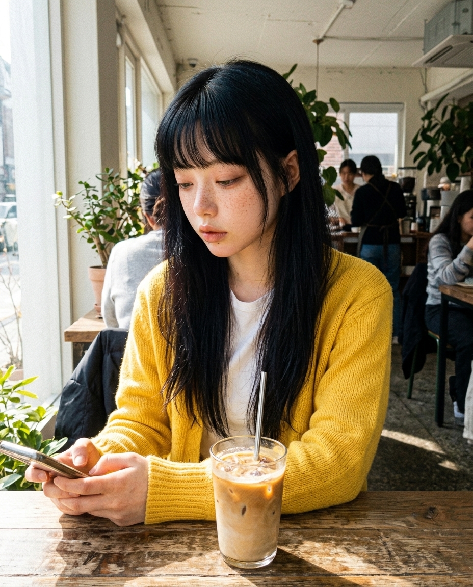 창가 카페 테이블에 앉아 아이스 라떼를 든 새벽, 밝은 늦은 아침 햇살, 데님 재킷