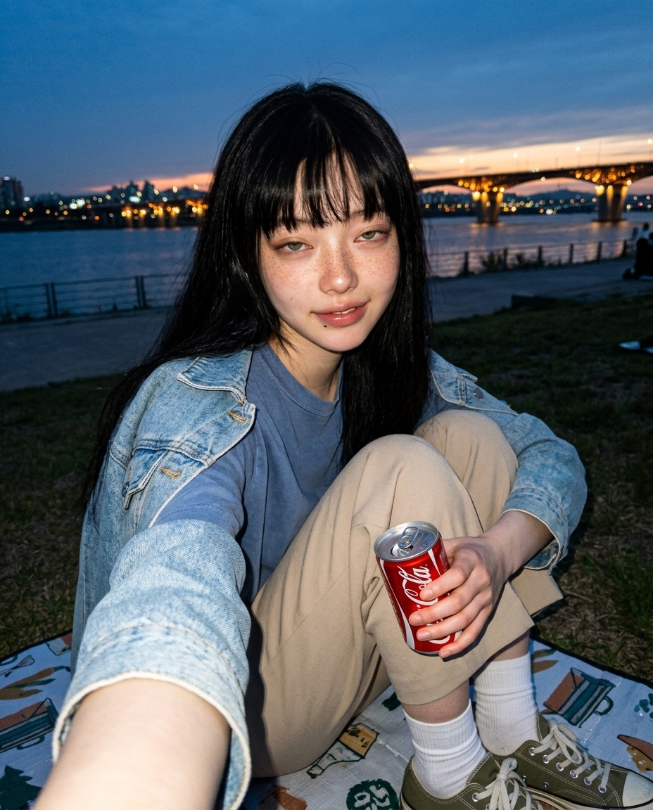 해질녘 한강공원 잔디밭 돗자리 위에서 카메라 쪽으로 살짝 고개 기울인 셀카, 푸른 옅은 빛, 캔콜라 손에 들고