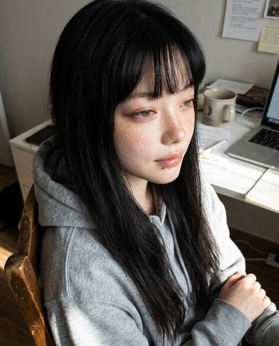 측면 클로즈업 작업방 의자 등받이 기댄 회색 후드티 검은 긴 머리 졸린 눈 책상 위 머그 흐릿