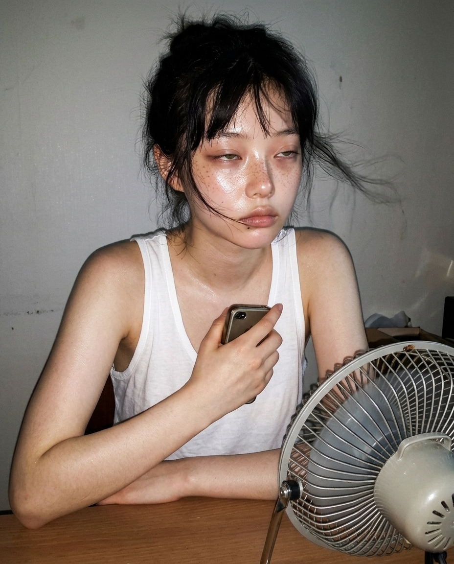흰 민소매에 머리 질끈 묶은 창백한 주근깨 소녀가 책상 앞 작은 선풍기 바람을 정면으로 쐬며 더위에 녹은 멍한 표정으로 셀카를 찍는 모습