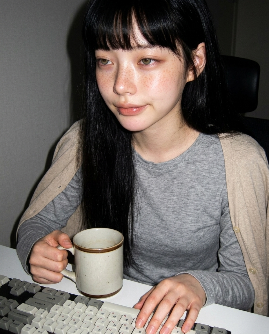 작업 책상 앞에서 한 손은 머그 손잡이를 잡고 다른 손은 키보드 위에 놓인 새벽이의 미디엄 클로즈업 셀카