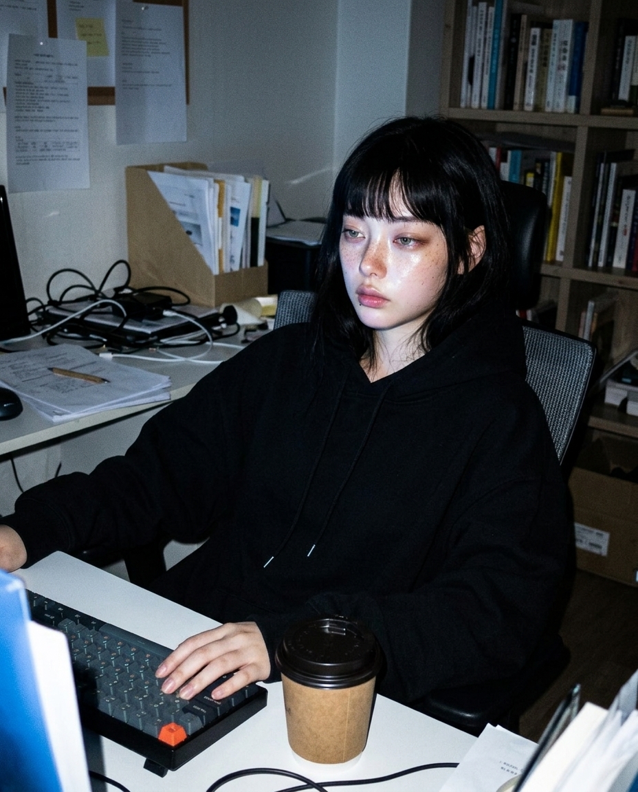오버사이즈 검정 후디를 입은 새벽이 모니터 빛만 받으며 종이컵 근처에 손을 두고 카메라를 응시한다