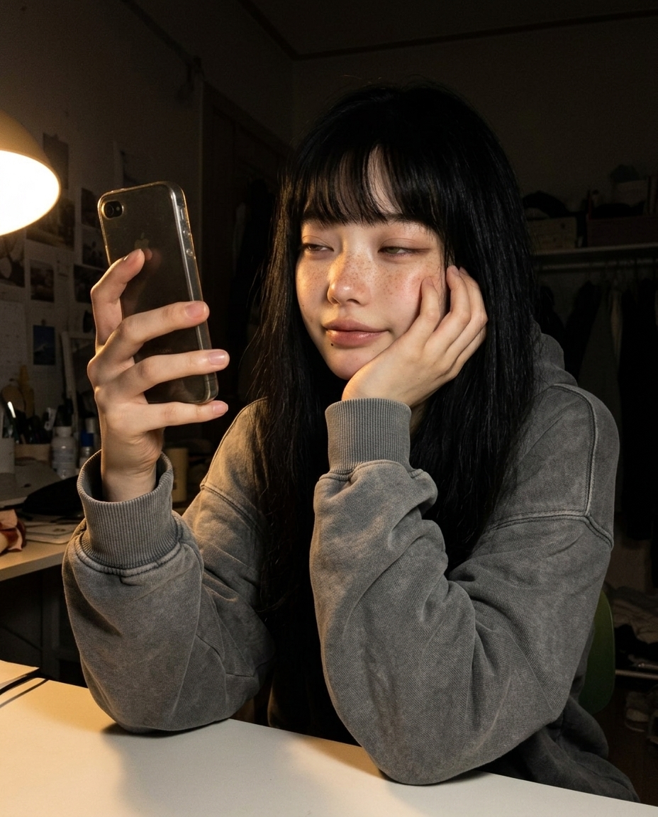 창백한 피부에 주근깨, 졸린 눈의 새벽이 어두운 방에서 책상 스탠드 불빛 아래 턱을 괴고 앉아 카메라를 바라본다. 오버사이즈 회색 후드.
