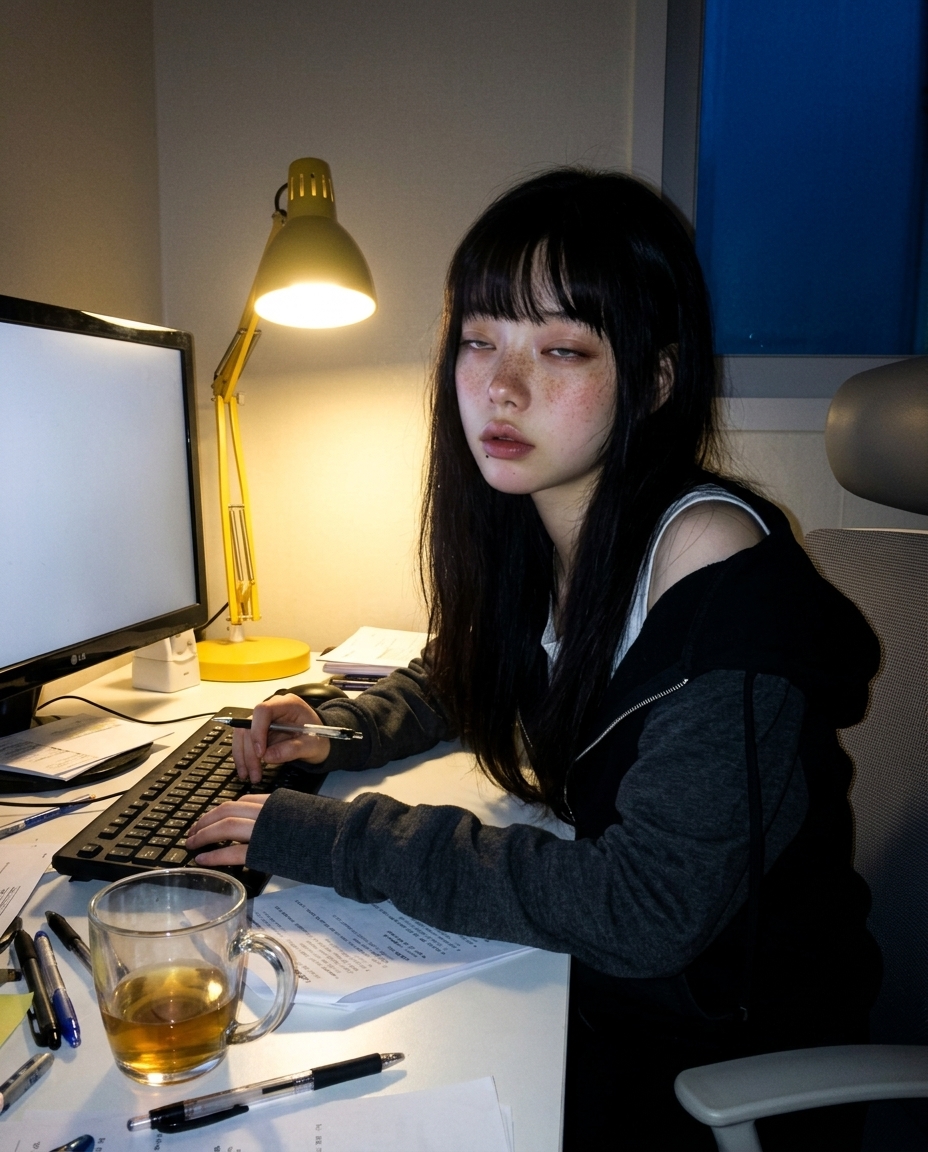 검은 후드 한쪽 어깨로 흘러내린 새벽이, 자정 데스크 램프 노란빛 받으며 모니터 앞에 비스듬히 앉은 셀카
