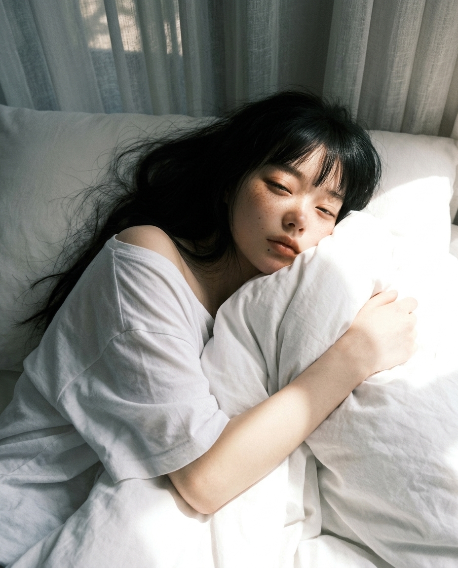 창백한 피부에 주근깨가 보이는 새벽이 흰 이불 속에 반쯤 파묻혀 아침 햇살을 받으며 졸린 눈으로 누워있는 셀카