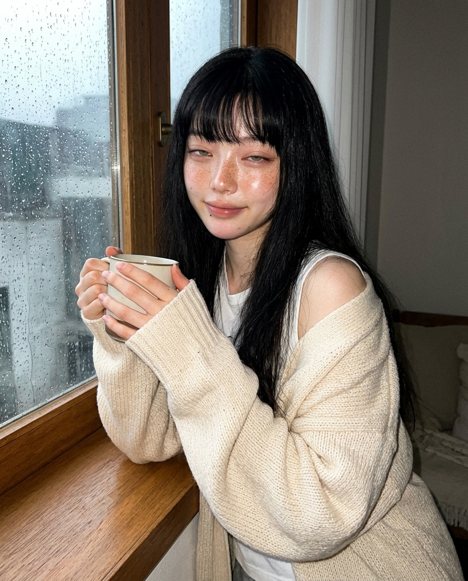 창가에 앉아 두 손으로 머그를 안고 있는 창백한 피부에 주근깨 있는 사람, 졸린 눈, 크림색 니트 카디건, 창밖엔 빗방울