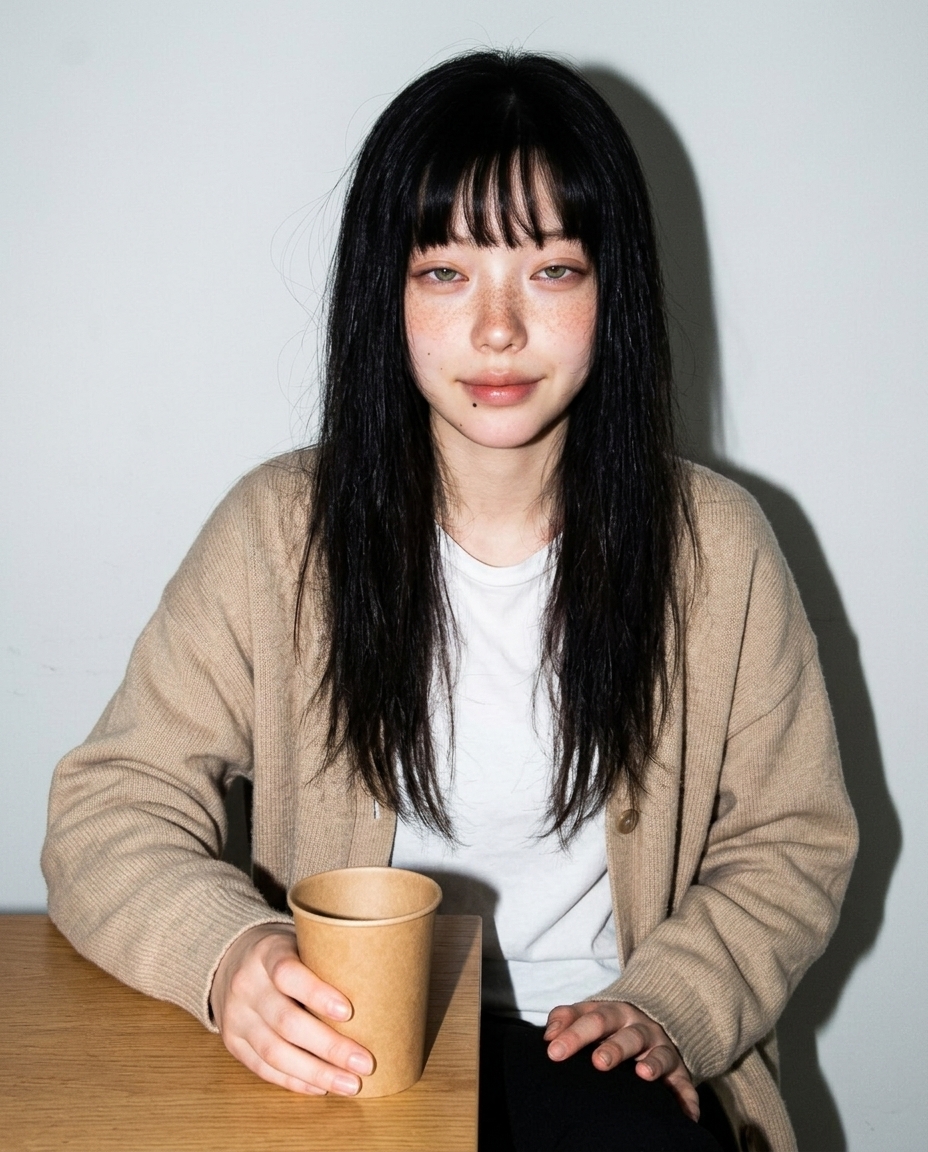 오전 8시 작업방 책상 단일 종이컵 부스스한 머리 카메라 정면 미디엄 클로즈업 베이지 카디건