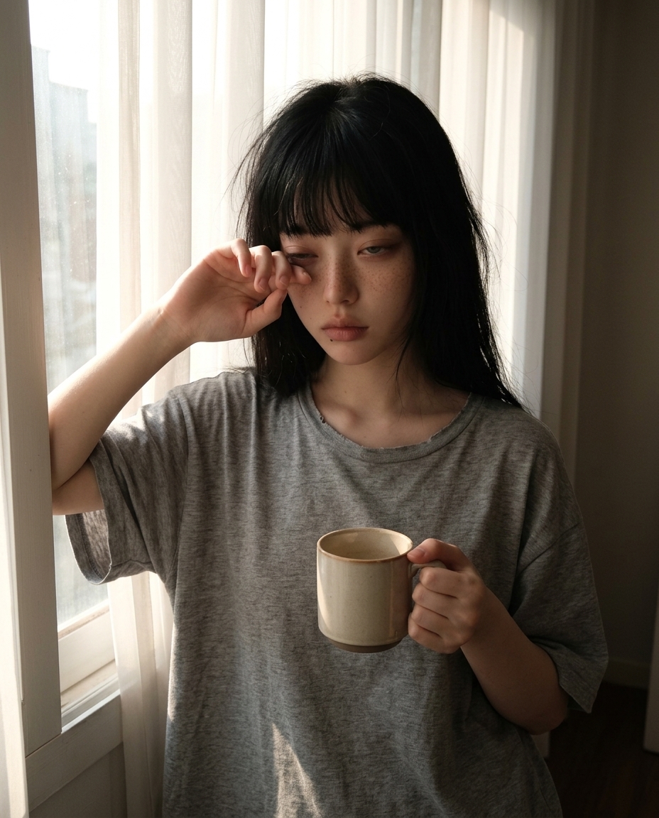 창가에 앉아 졸린 눈으로 정면을 보는 회색 티 차림의 새벽, 커튼 틈 아침 햇살 백라이트