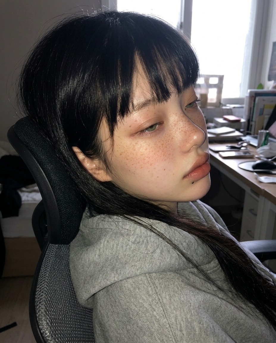 회색 후드티 입은 새벽이 작업방 의자 등받이에 깊이 기댄 채 측면 4분의 3 클로즈업 아침 햇살 옅게