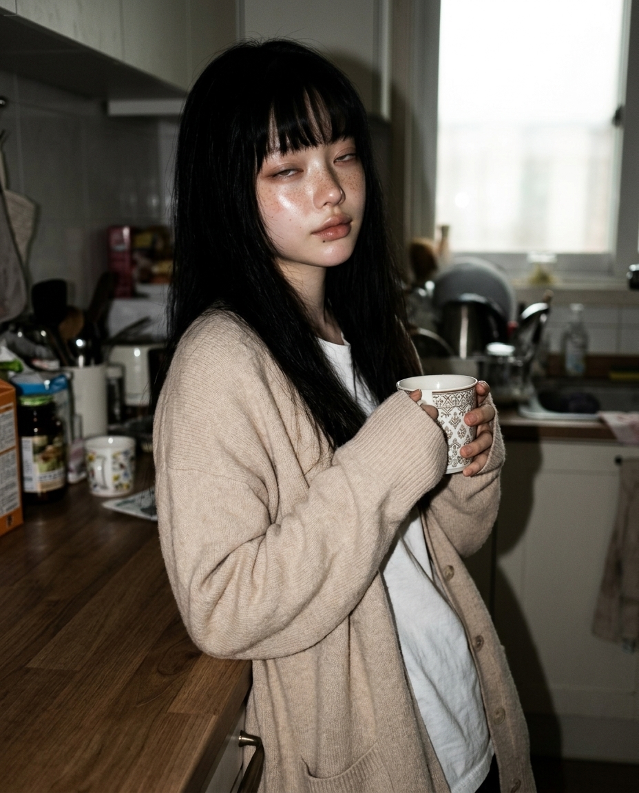 창백한 피부에 주근깨, 졸린 눈의 새벽이 헐렁한 베이지 카디건 차림으로 작은 부엌 카운터에 기대 머그를 가슴께로 든 채 아침 햇살 속에 서 있다