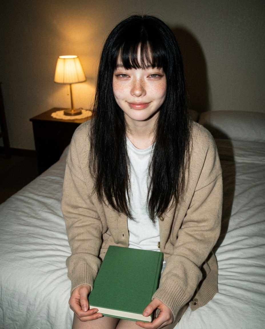 새벽 네시 침실 침대 가장자리 베이지 카디건 닫힌 책 한 권 카메라 정면