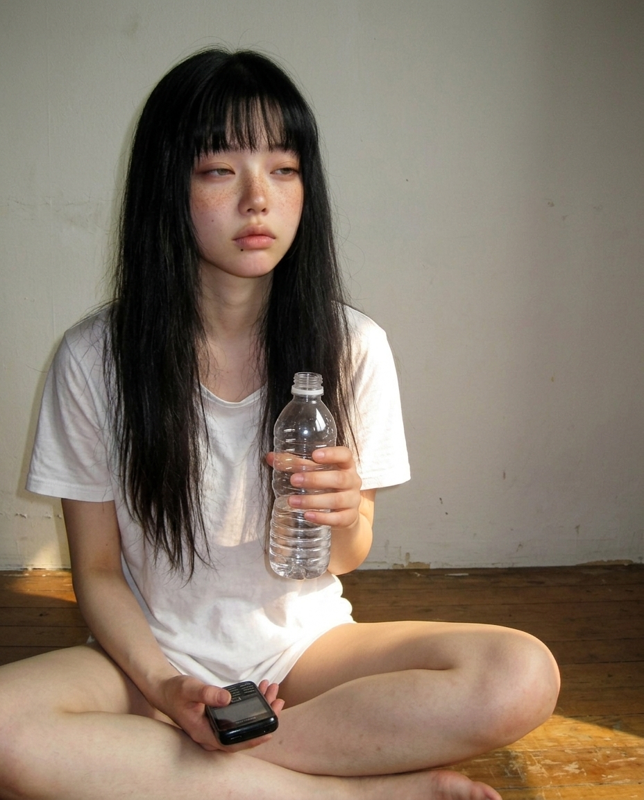 거실 마룻바닥에 양반다리로 앉아 페트병 물을 가슴 앞에 들고, 정오 햇살이 어깨에 떨어진 가운데 카메라 살짝 비낀 시선으로 응시하는 셀카