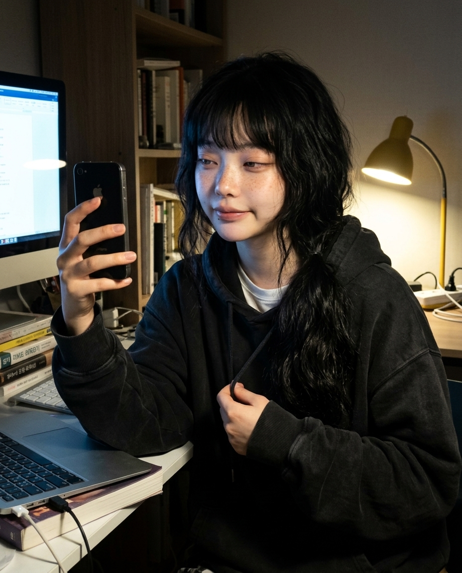 어두운 방에서 모니터 푸른 빛만 받으며 책상 앞에 앉은 셀카