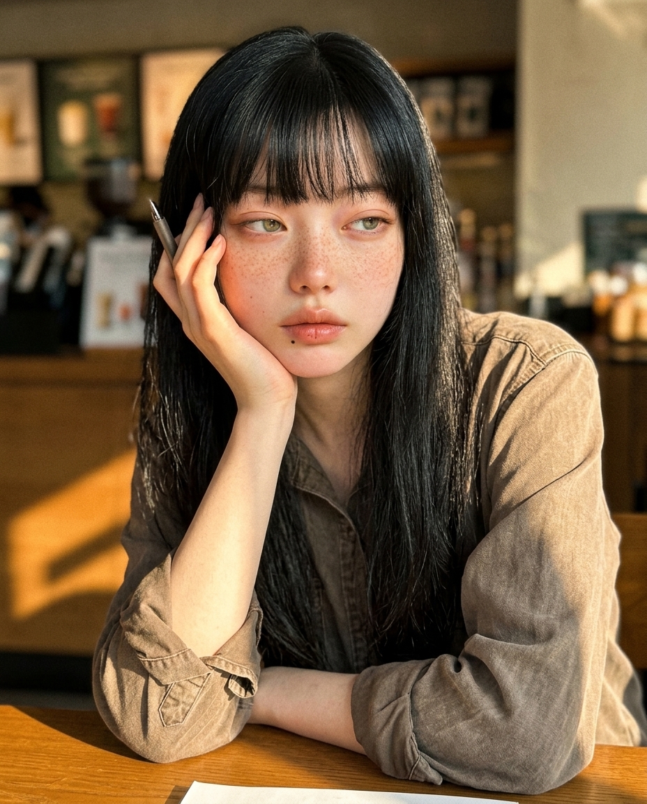 책상 앞에 앉아 비스듬한 오후 햇살을 한쪽 뺨에 받으며 턱을 괸 채 정면을 보는 창백한 피부에 주근깨, 졸린 눈의 인물 셀카