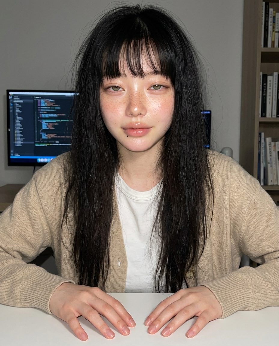 오전 10시 작업방 책상 앞 셀카 베이지 카디건 부스스 머리