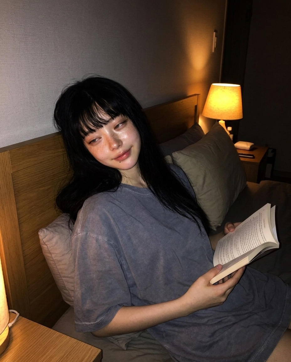 창백한 피부에 주근깨가 있는 졸린 표정의 여성이 어두운 침실에서 따뜻한 침대맡 램프 불빛 아래 헤드보드에 기대 낡은 종이책을 들고 있는 클로즈업 셀카