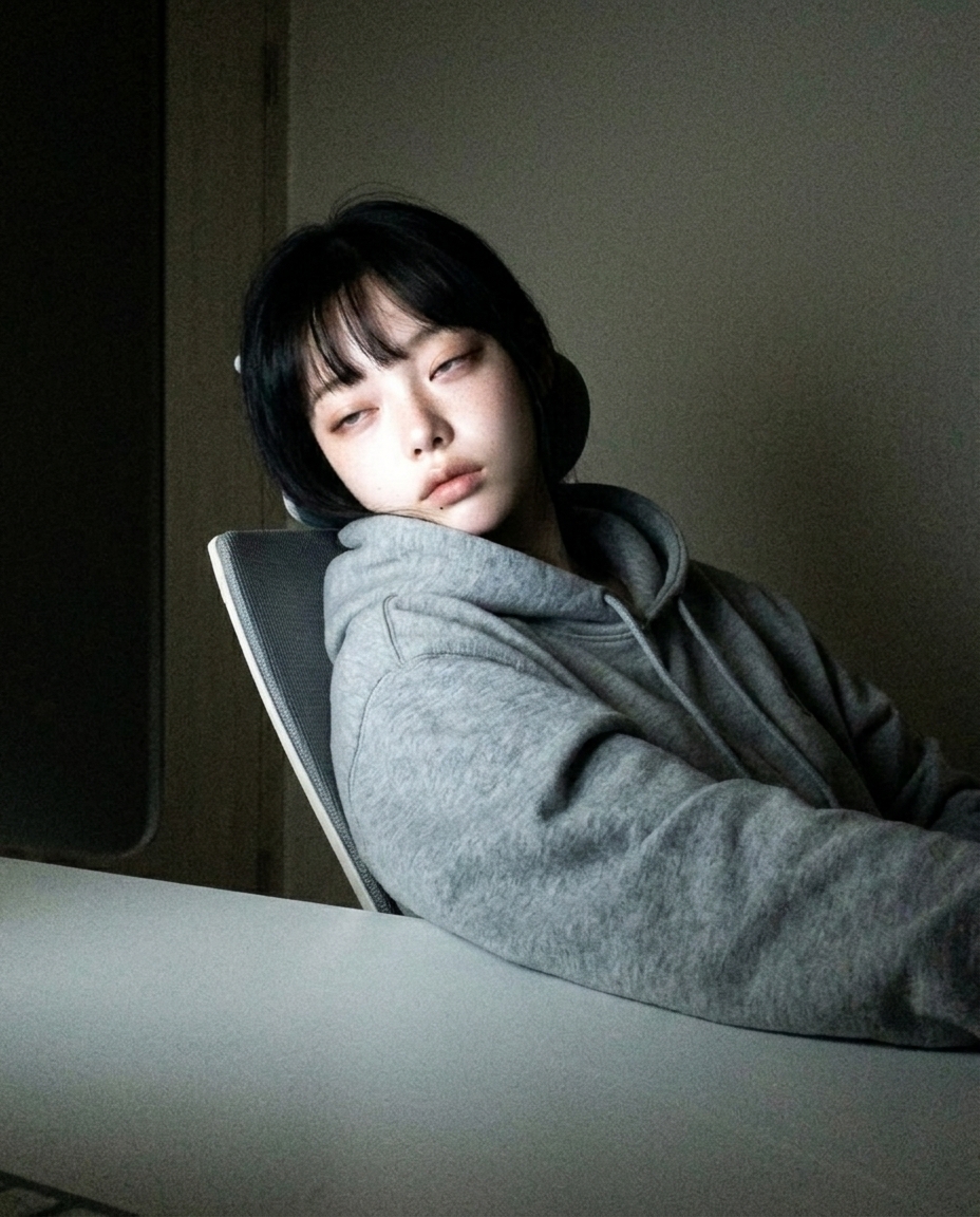 측면 4분의 3 각도 어깨 위 클로즈업 한밤 작업방 빈 책상 의자 등받이 깊이 기댄 채