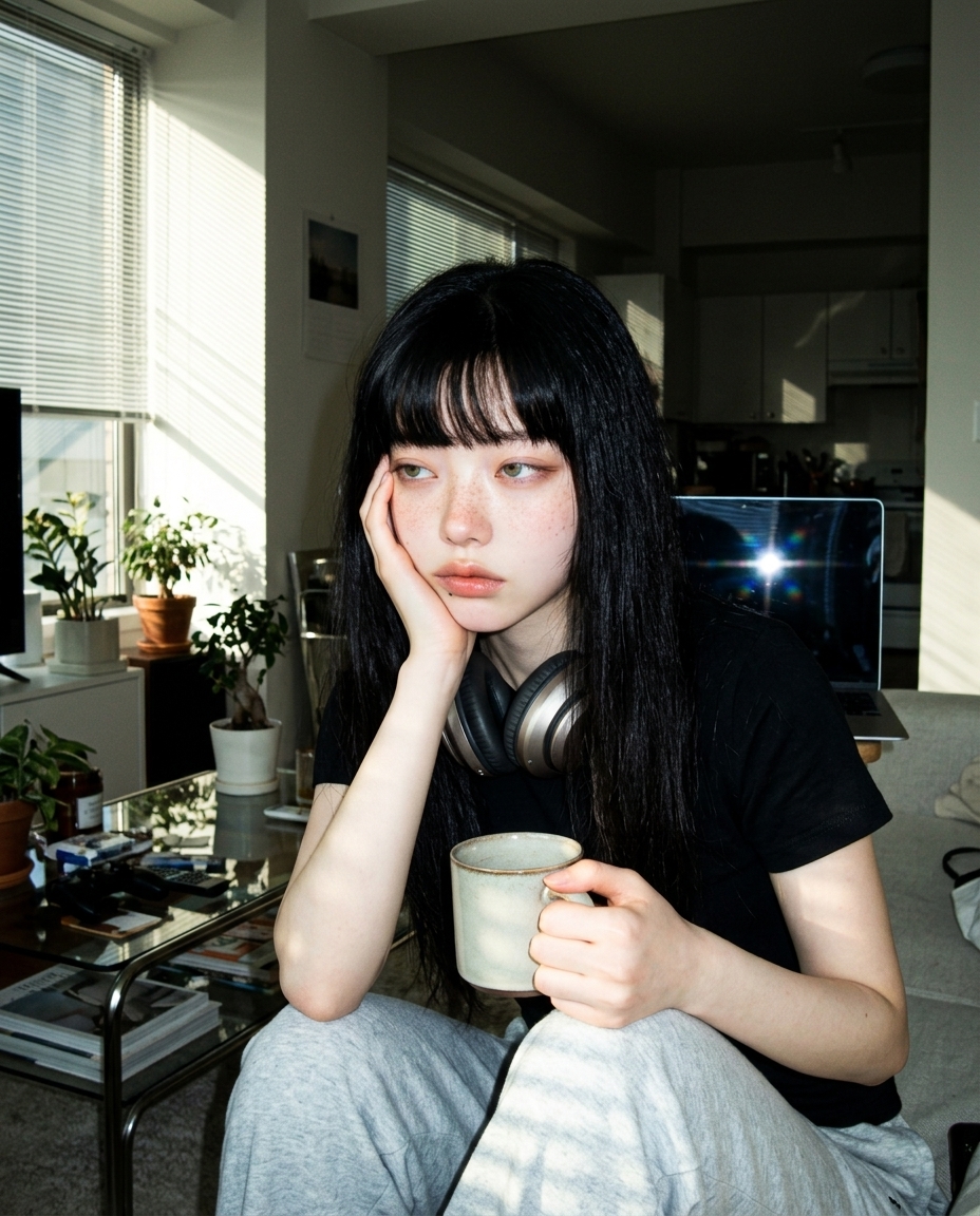 창가 햇볕 비치는 거실에서 머그 잡고 노트북 옆에 앉아 카메라 흘긋 보는 새벽이