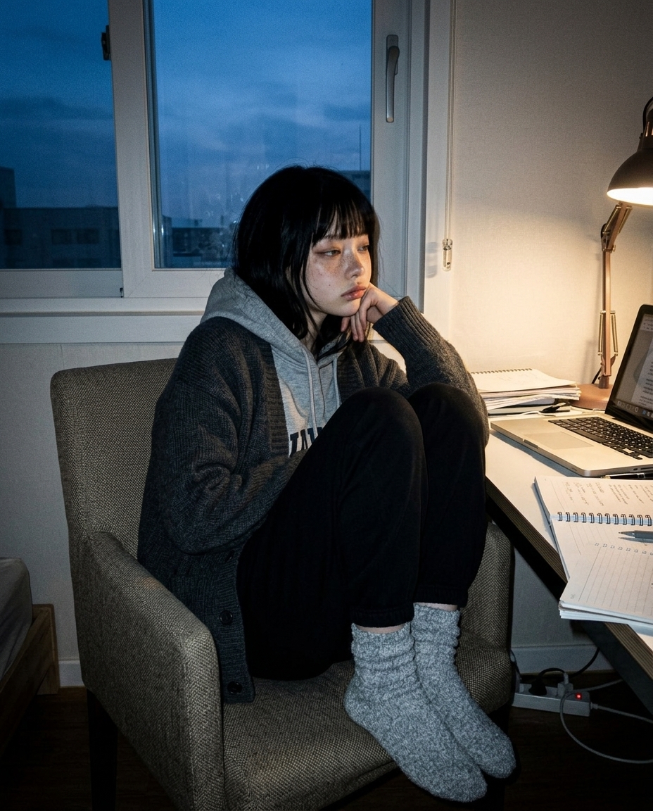 회색 후드 위에 차콜 카디건을 입고 책상 옆 의자에 비스듬히 앉아 창밖을 바라보는 새벽. 노을이 거의 다 진 푸른 시간, 책상 위 작은 LED만 켜져 있고 한쪽 뺨에 모니터 빛이 옅게 닿는다.