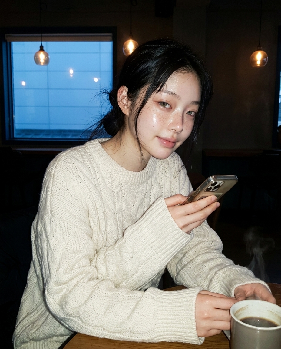 크림색 케이블 니트를 입은 새벽이 따뜻한 펜던트 조명 아래 나무 식탁에서 머그를 감싸쥐고 폰을 든 채 졸린 듯 미소 짓는 셀카, 창밖은 어둑한 블루아워
