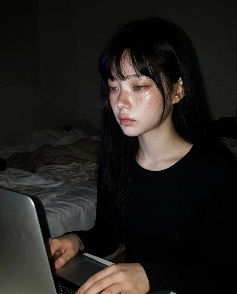 어두운 침대 위에 앉은 인물의 측면 사진, 노트북 화면 빛이 얼굴 한 면을 비추고 있다