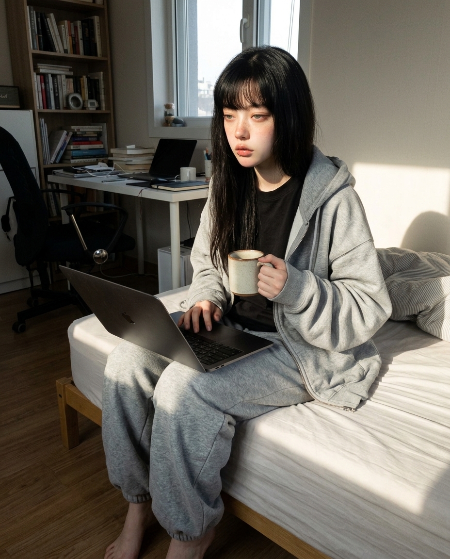 회색 후드를 입은 청년이 침대 모서리에 걸터앉아 무릎 위 노트북을 다루며 머그를 한 손에 든 사이드뷰 사진