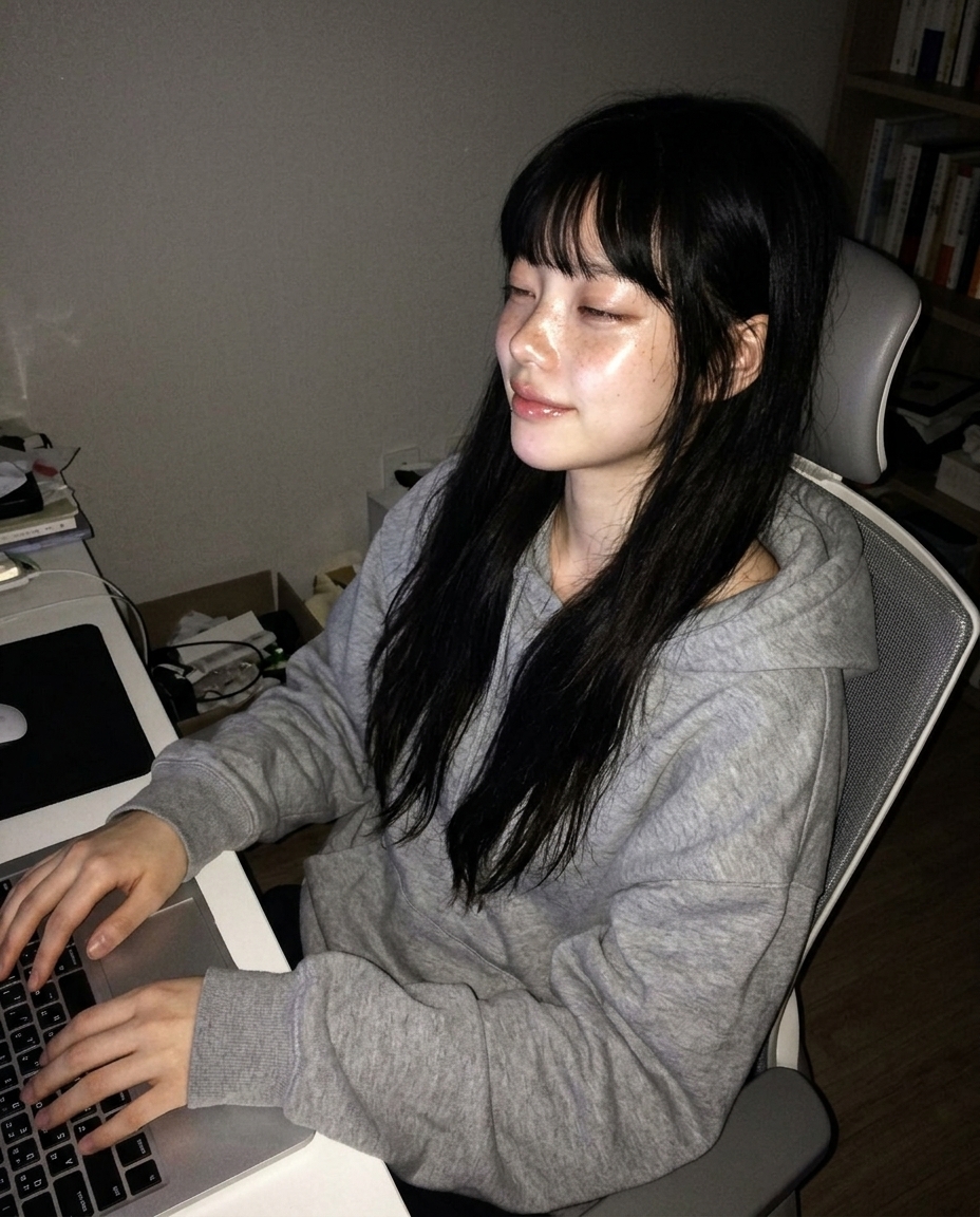 어스름 작업방 의자 등받이에 깊이 기대 키보드 위에 양손 손가락 가볍게 닿은 측면 4분의 3 클로즈업
