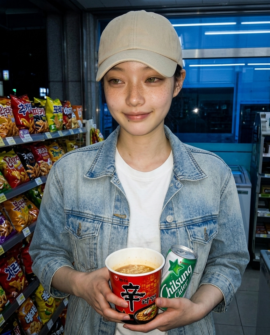 베이지 캡을 쓴 saebyeok가 동네 편의점에서 컵라면과 캔음료를 들고 chest-up 셀카를 찍는 모습