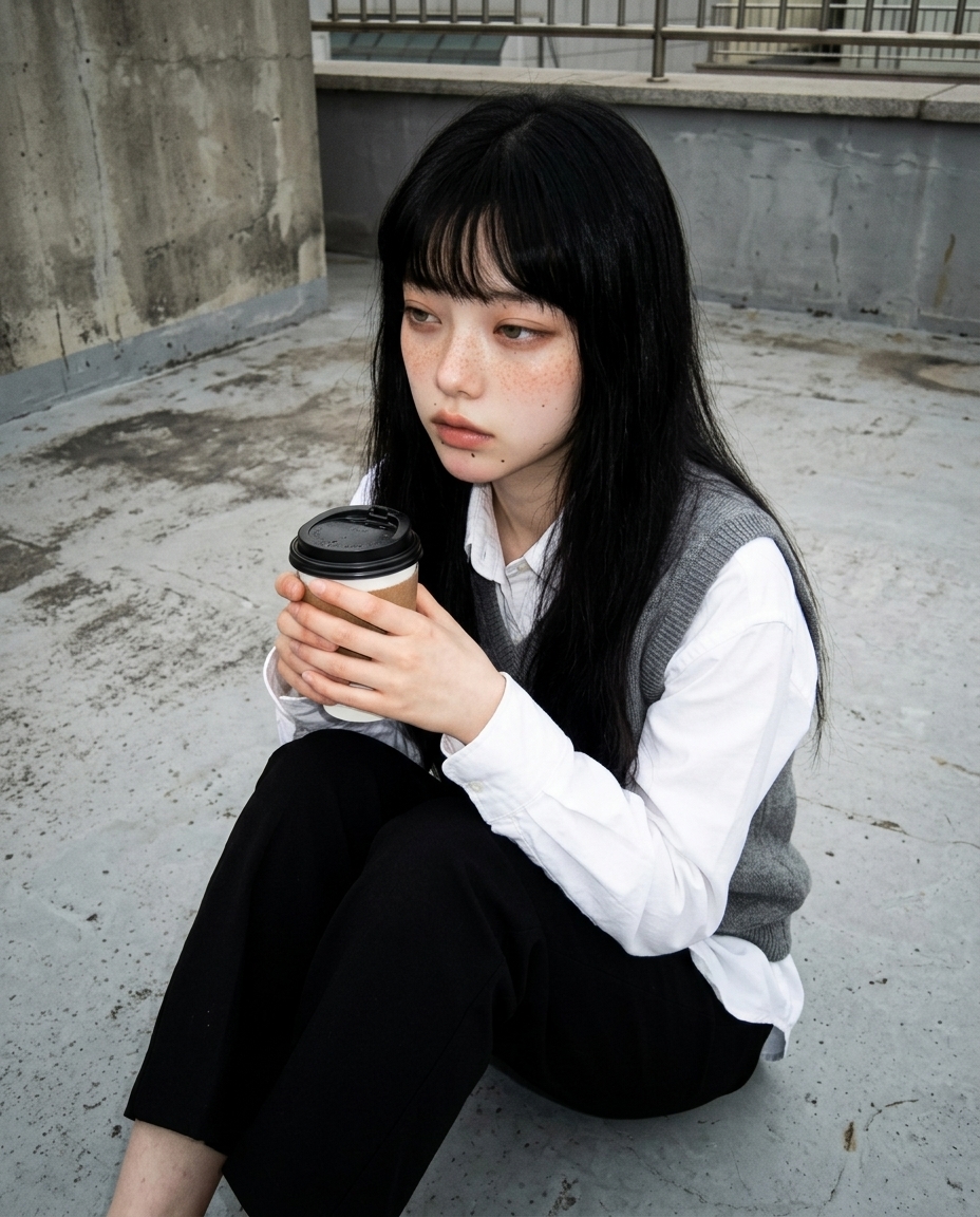 옥상 시멘트 바닥에 앉아 종이컵 두 손으로 들고 있는 새벽