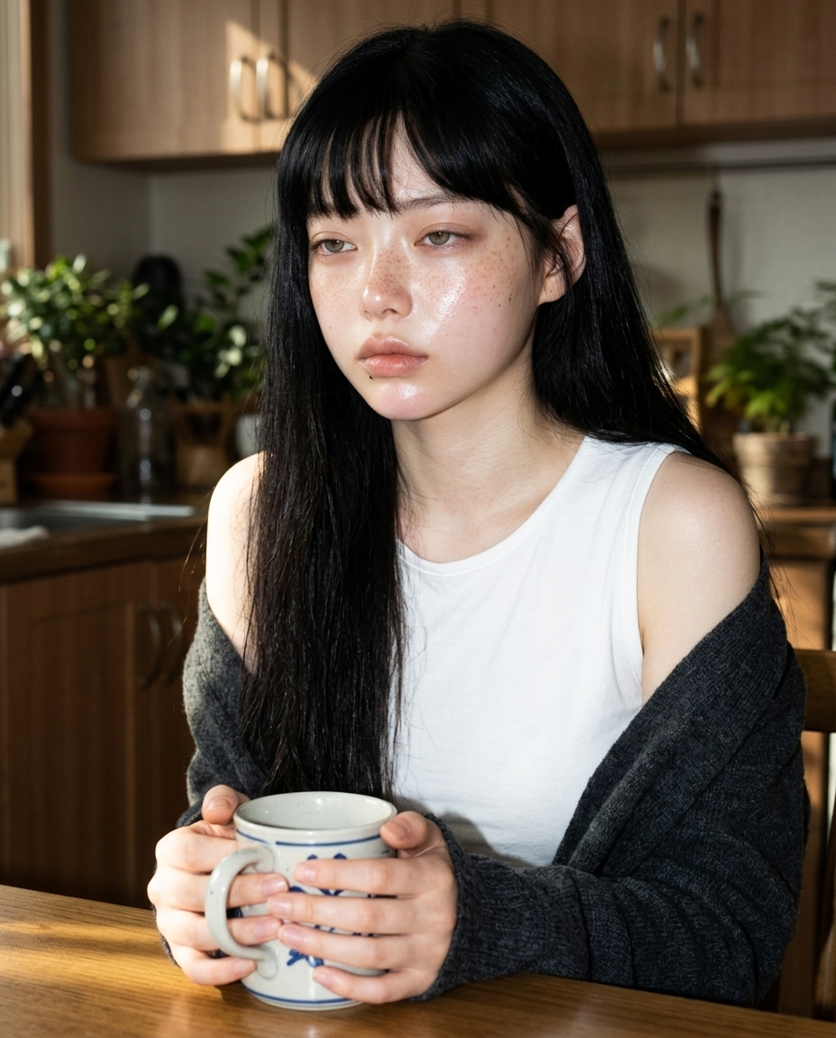 주근깨 창백한 피부의 새벽이 부엌 식탁에서 양손으로 머그를 감싸 쥐고 아침 햇살을 받는 미디엄 클로즈업 셀카