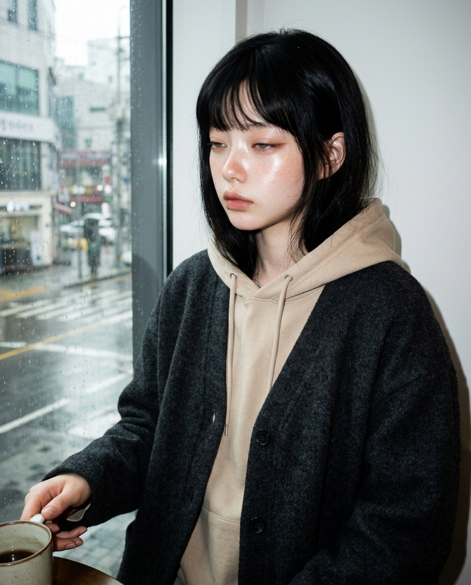 베이지 후드 위에 짙은 회색 카디건, 졸린 눈으로 창밖 보는 새벽