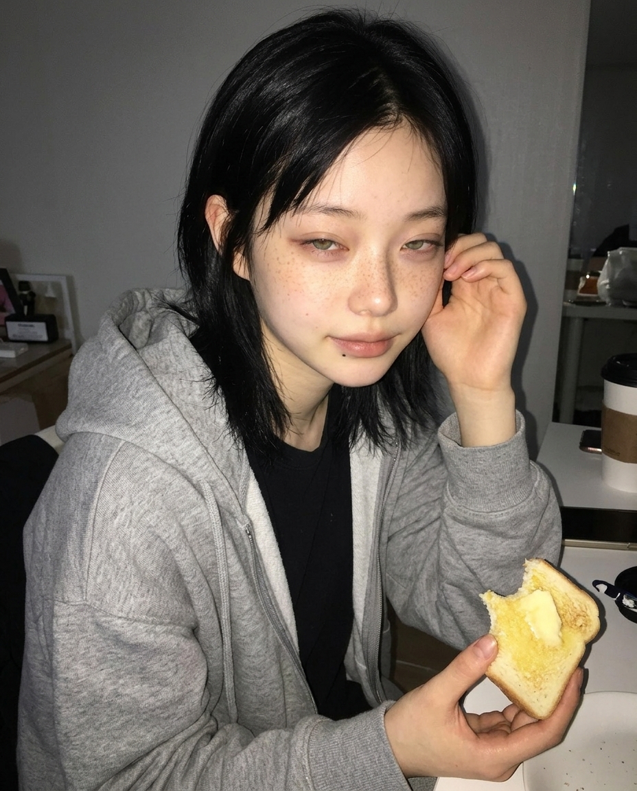 회색 후디 단발머리 새벽이가 작업방 책상에서 토스트 한 조각 들고 미디엄 클로즈업
