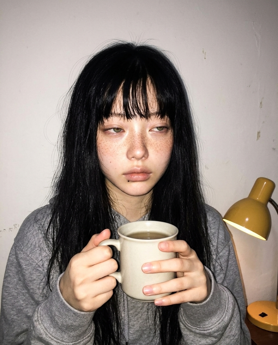 노란 스탠드 하나 켜진 작업방 책상 보리차 머그 양손으로 감싼 카메라 정면 미디엄 클로즈업