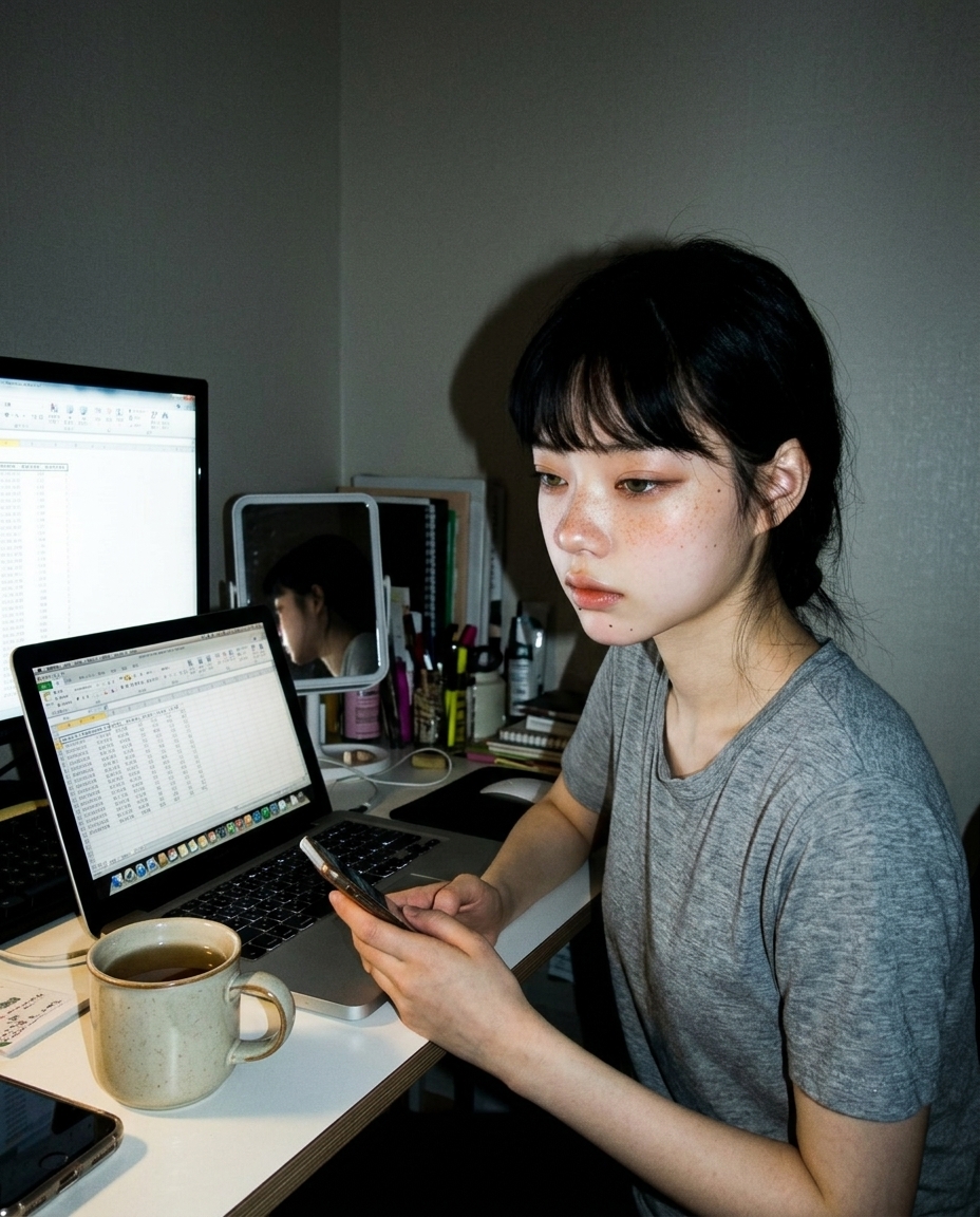 creator-grade selfie of saebyeok at desk under blue dusk window light