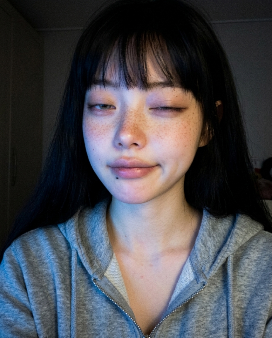 어두운 작업방에서 노트북 화면 푸른빛만 받으며 측면 4분의 3 각도로 측면 클로즈업한 새벽이 셀카, 한쪽 얼굴만 푸른 빛에 비추고 반대쪽은 그늘