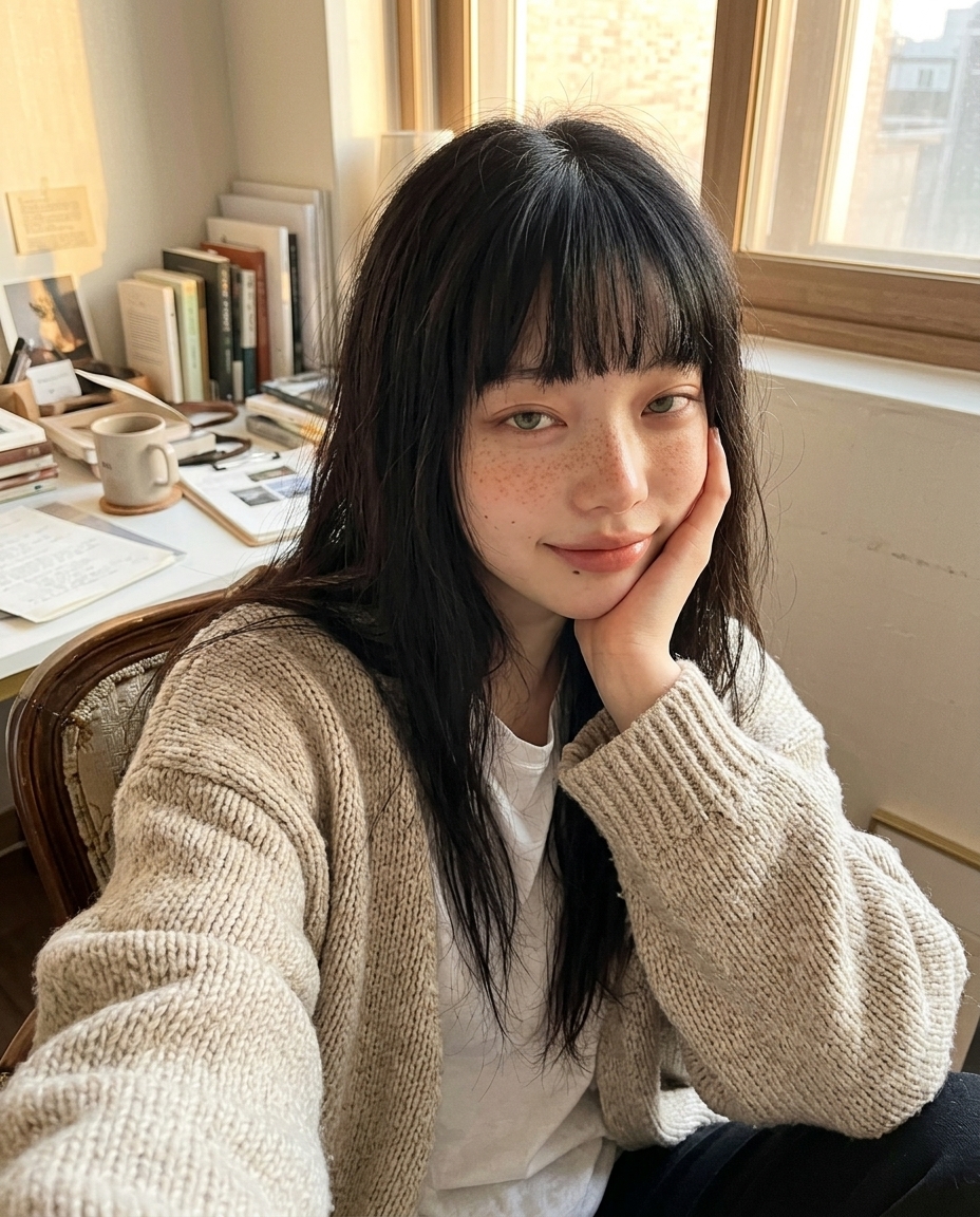 창가 책상 앞에서 늦은 오후 황금빛 햇살을 받으며 턱을 괴고 나른하게 웃는 창백한 주근깨 얼굴의 새벽